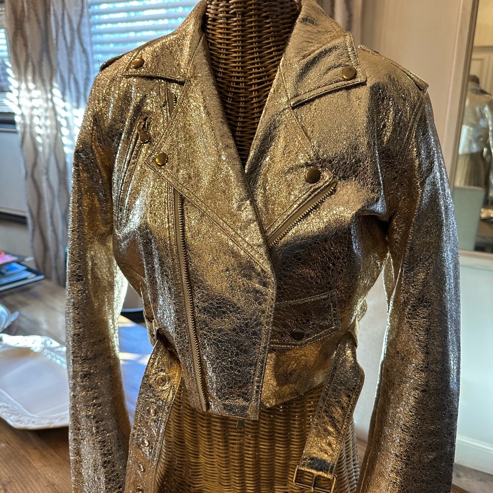 Amanda Uprichard Shimmering Gold Leather Jacket